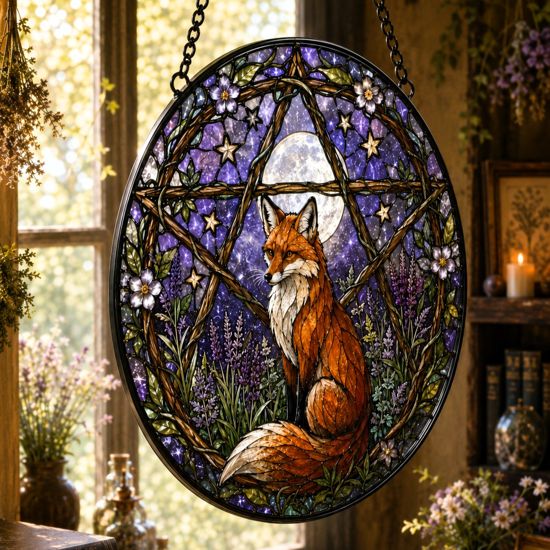 Fox Familiar Pentacle Glass Suncatcher - close up detail