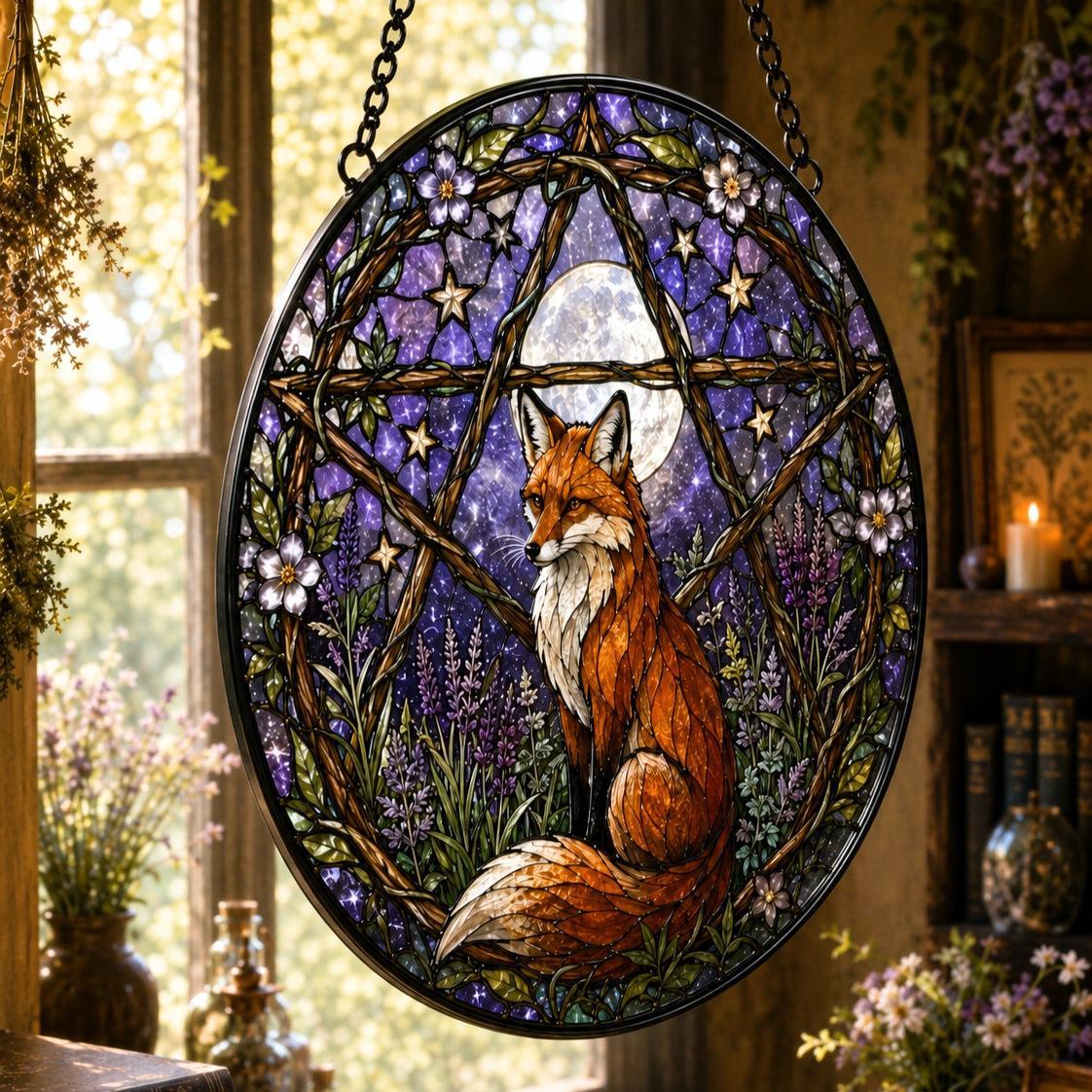 Fox Familiar Pentacle Glass Suncatcher - close up detail