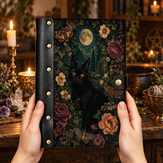 Full Moon Cat Moth Peony Journal - Vintage Witch Grimoire — view 2 on a realistic Pagan ritual altar