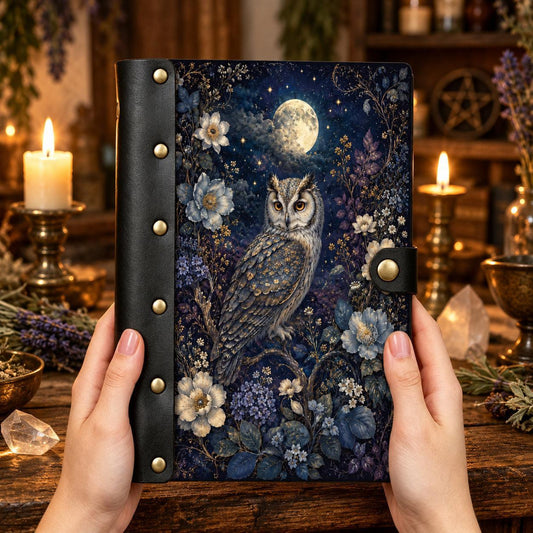 Full Moon Night Owl Peony Journal - Celestial Witch Grimoire — view 2 on a realistic Pagan ritual altar