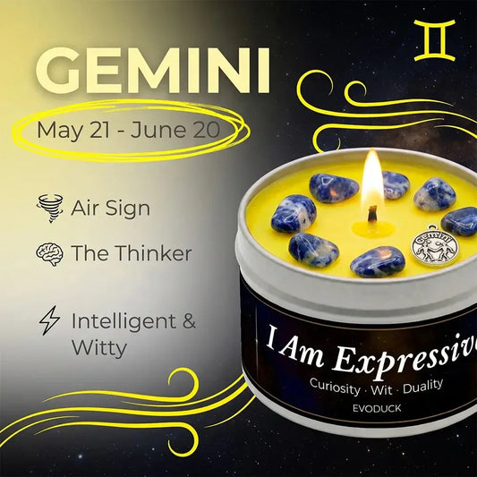 Gemini Zodiac Candle, May 21 to June 20, with sodalite crystals in wax - Air Sign, The Thinker, Intelligent and Witty