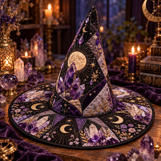 Geode Moon Quilted Witch Hat โ Amethyst Crystal Wiccan Brim Hat โ styled with candles and crystals