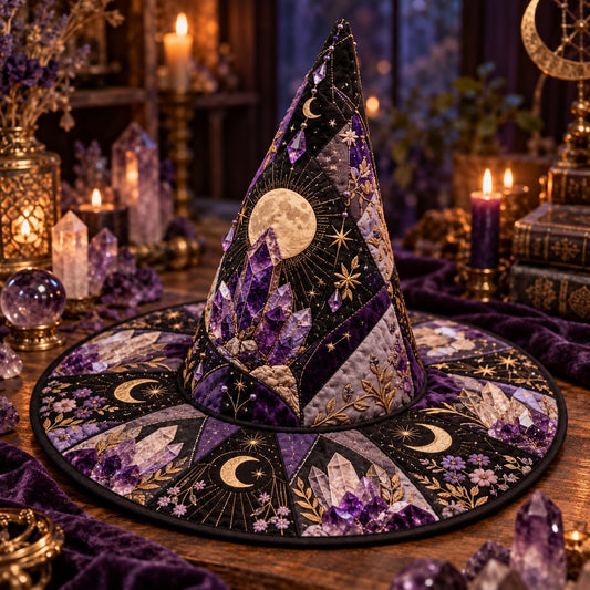 Geode Moon Quilted Witch Hat โ Amethyst Crystal Wiccan Brim Hat โ styled with candles and crystals