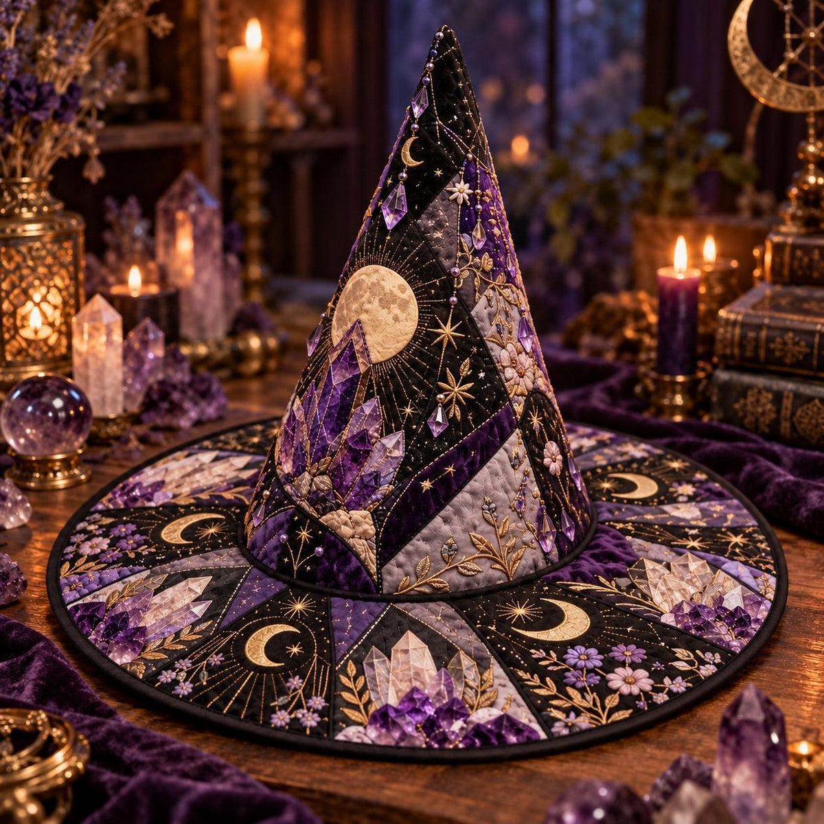 Geode Moon Quilted Witch Hat – Amethyst Crystal Wiccan Brim Hat – styled with candles and crystals
