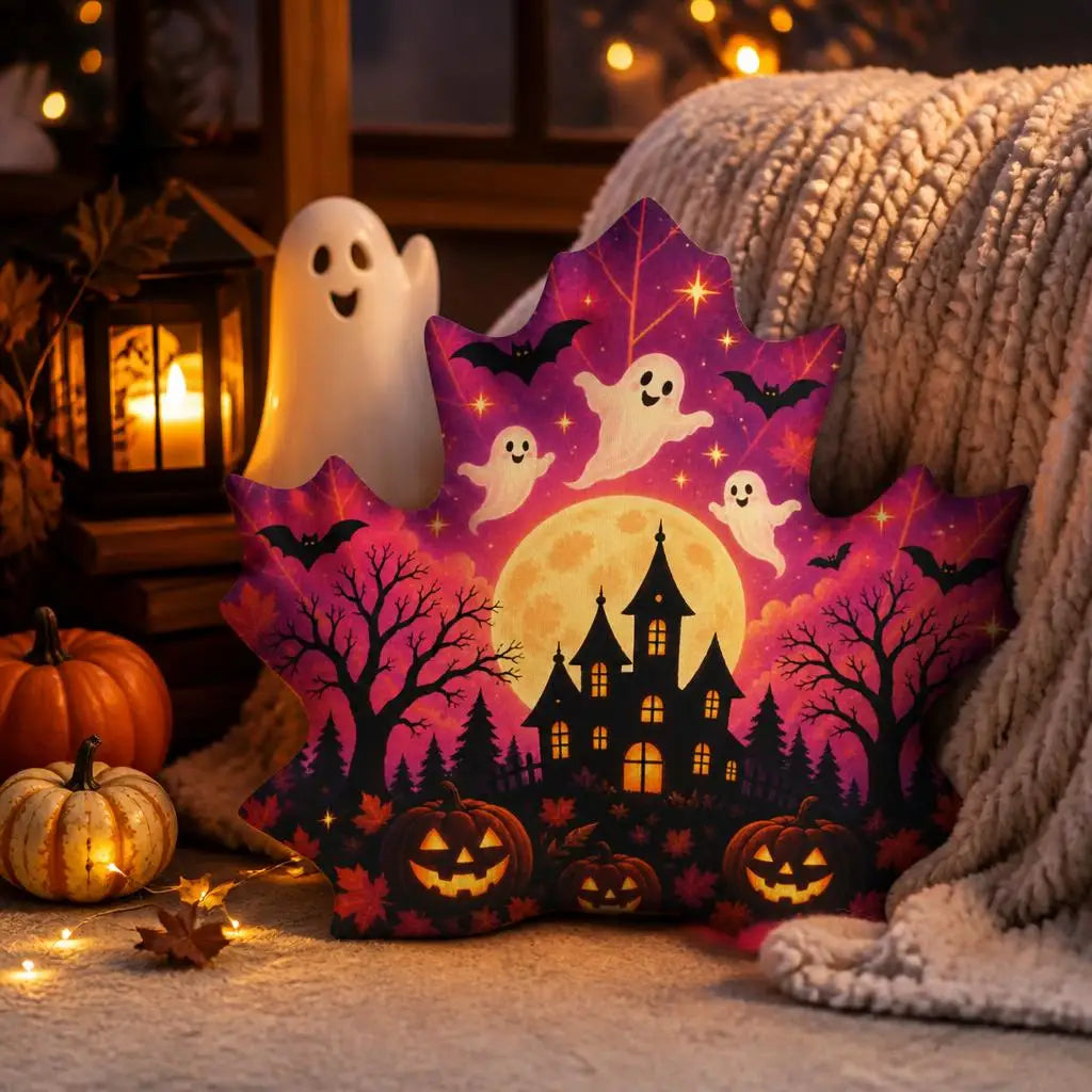 Isolated product view: decorative plush pillow featuring maple leaf with ghost, haunted house and jack-o-lantern artwork