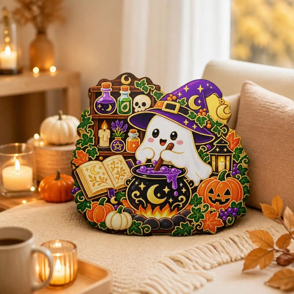 Alternate sofa setting: ghost witch cauldron plush pillow with ghost witch and cauldron artwork