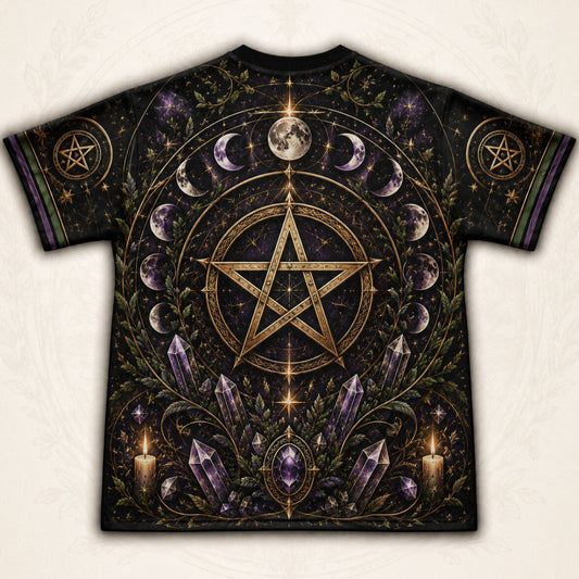 Gold Pentacle Candle T-Shirt Amethyst Green Altar Wiccan Tee back view
