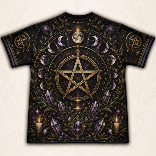 Gold Pentacle Candle T-Shirt Amethyst Green Altar Wiccan Tee back view