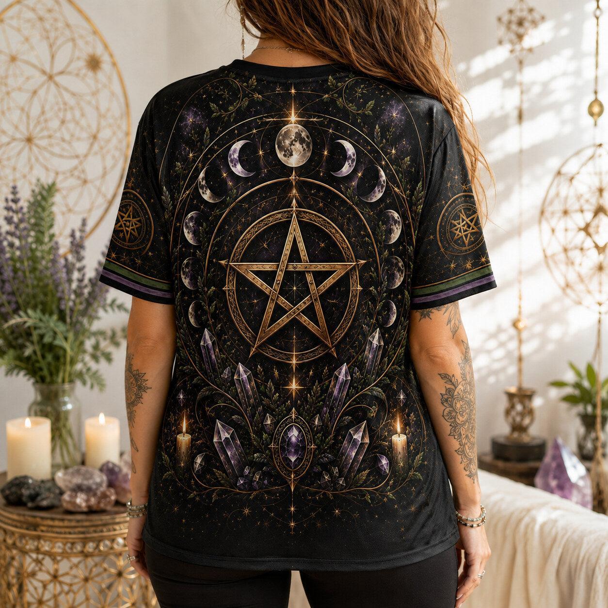 Gold Pentacle Candle T-Shirt Amethyst Green Altar Wiccan Tee worn, back view