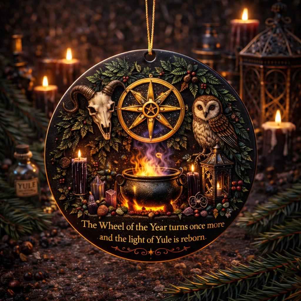 Round black ceramic Yule ornament with ram skull, owl, Wheel of the Year, cauldron, and candles.