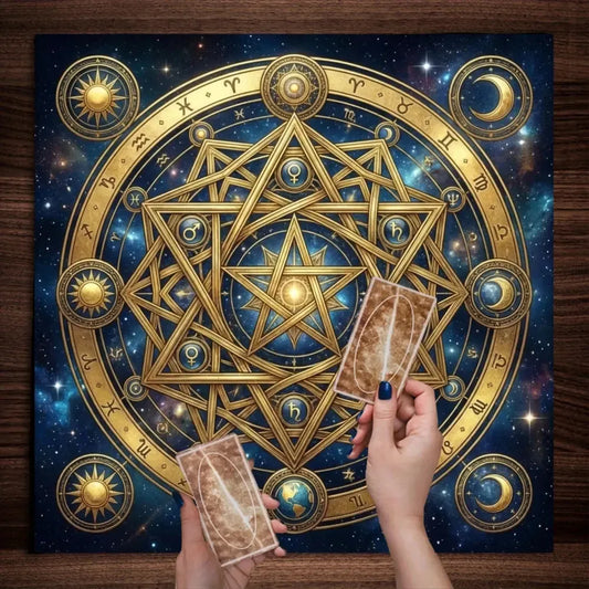 Gold star chart zodiac altar cloth with geometric runes – Pagan astrology tarot mat for Wiccan ritual