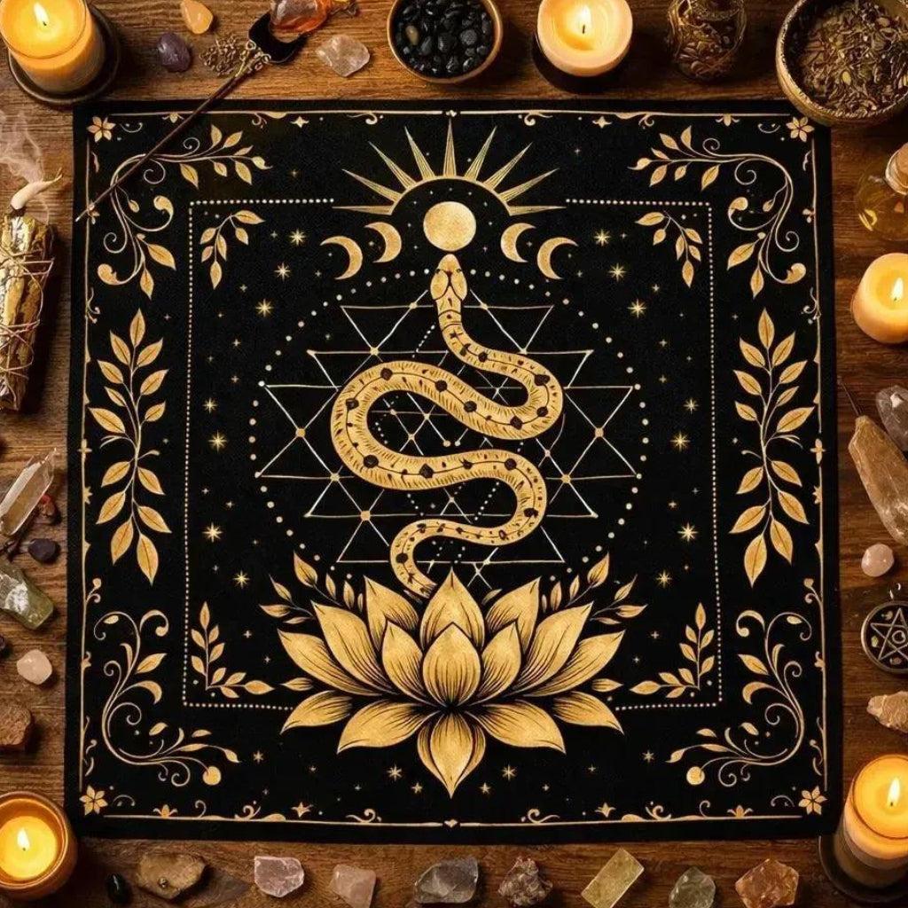 Golden Snake Lotus Tarot Tablecloth - Wiccan Altar Cloth Witchy Divination Mat for Witchcraft Spiritual Decor-MoonChildWorld