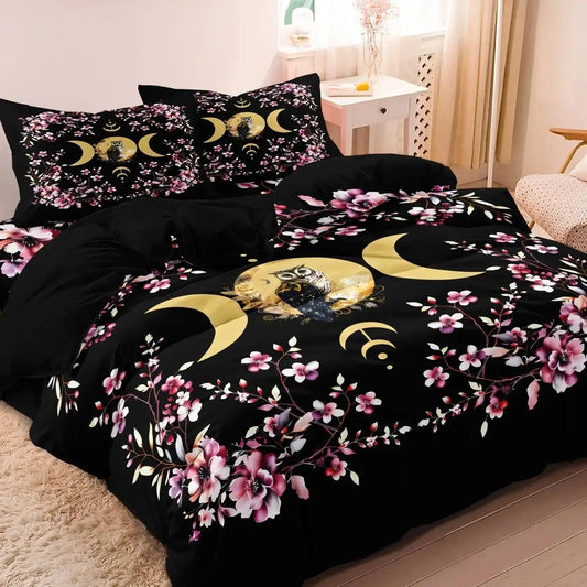 Golden Triple Moon Owl Duvet Cover Set Wiccan Bedding Set Pagan Home Decor-MoonChildWorld