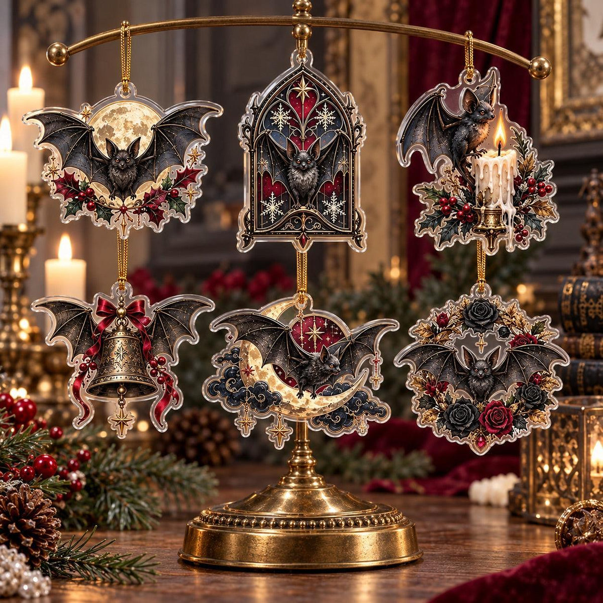Gothic Bat Christmas Acrylic Ornament Set – Witchy Gothmas Decor – set of 6, another view
