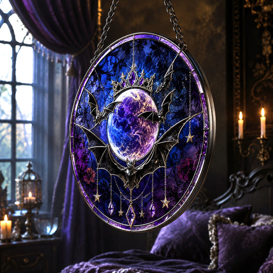 Gothic Bat Moon Glass Suncatcher - close up detail