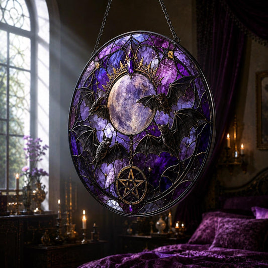 Gothic Bat Moon Pentacle Glass Suncatcher - hanging view