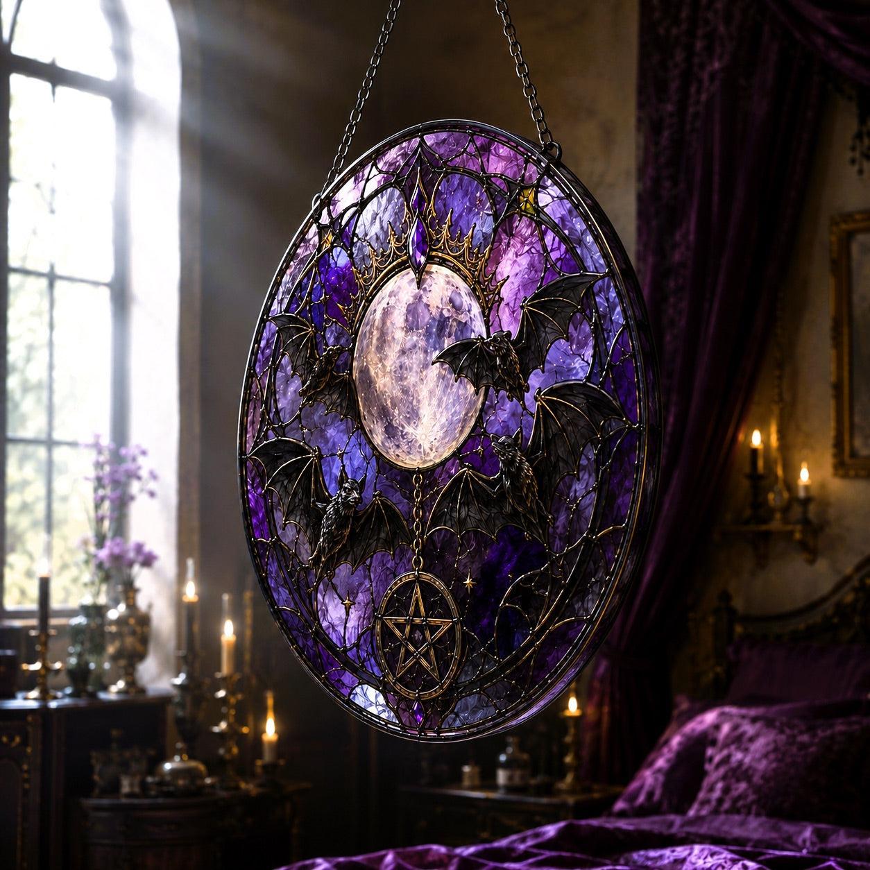 Gothic Bat Moon Pentacle Glass Suncatcher - close up detail