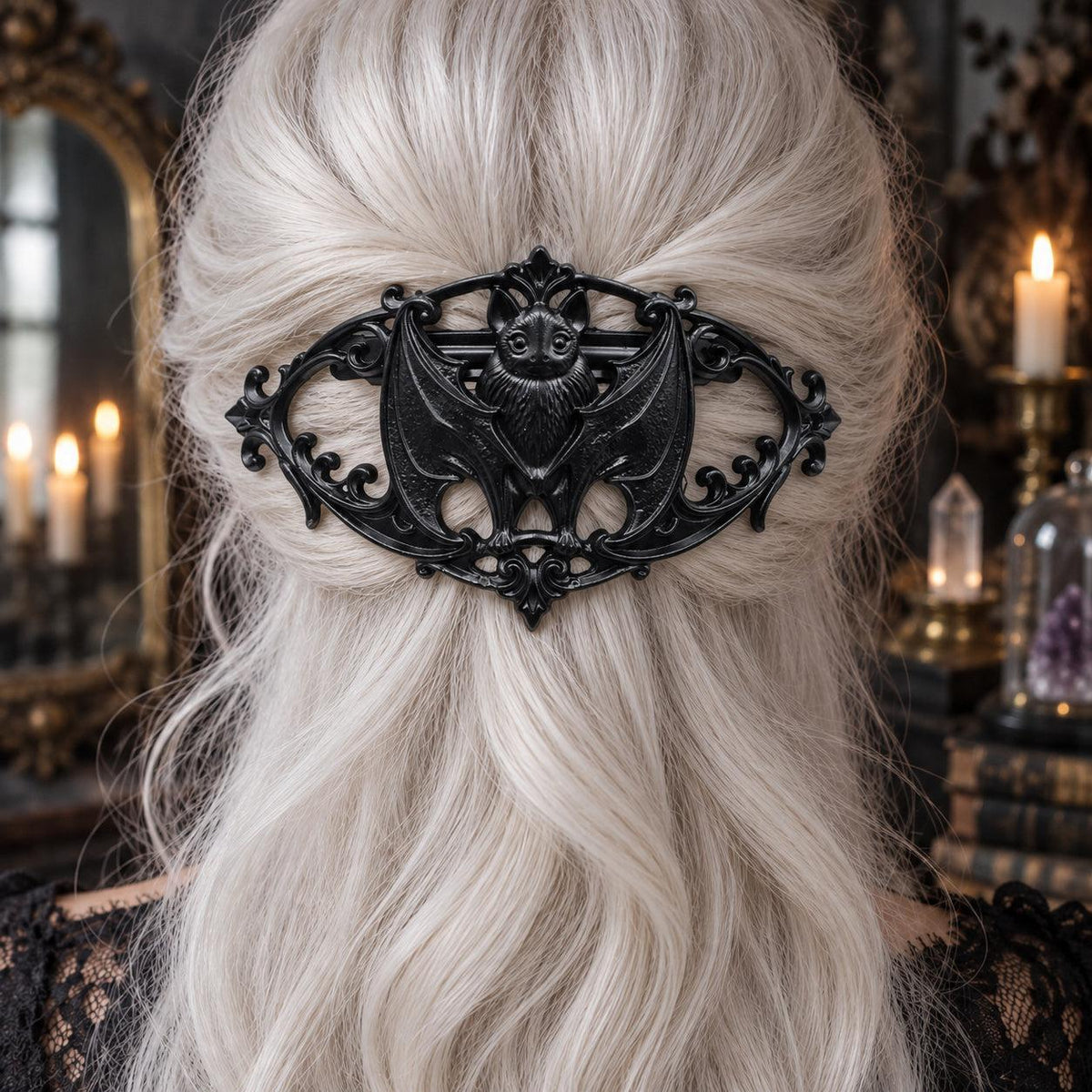 Ornate Bat Barrette in White Hair worn by a witch in a candlelit mystical room