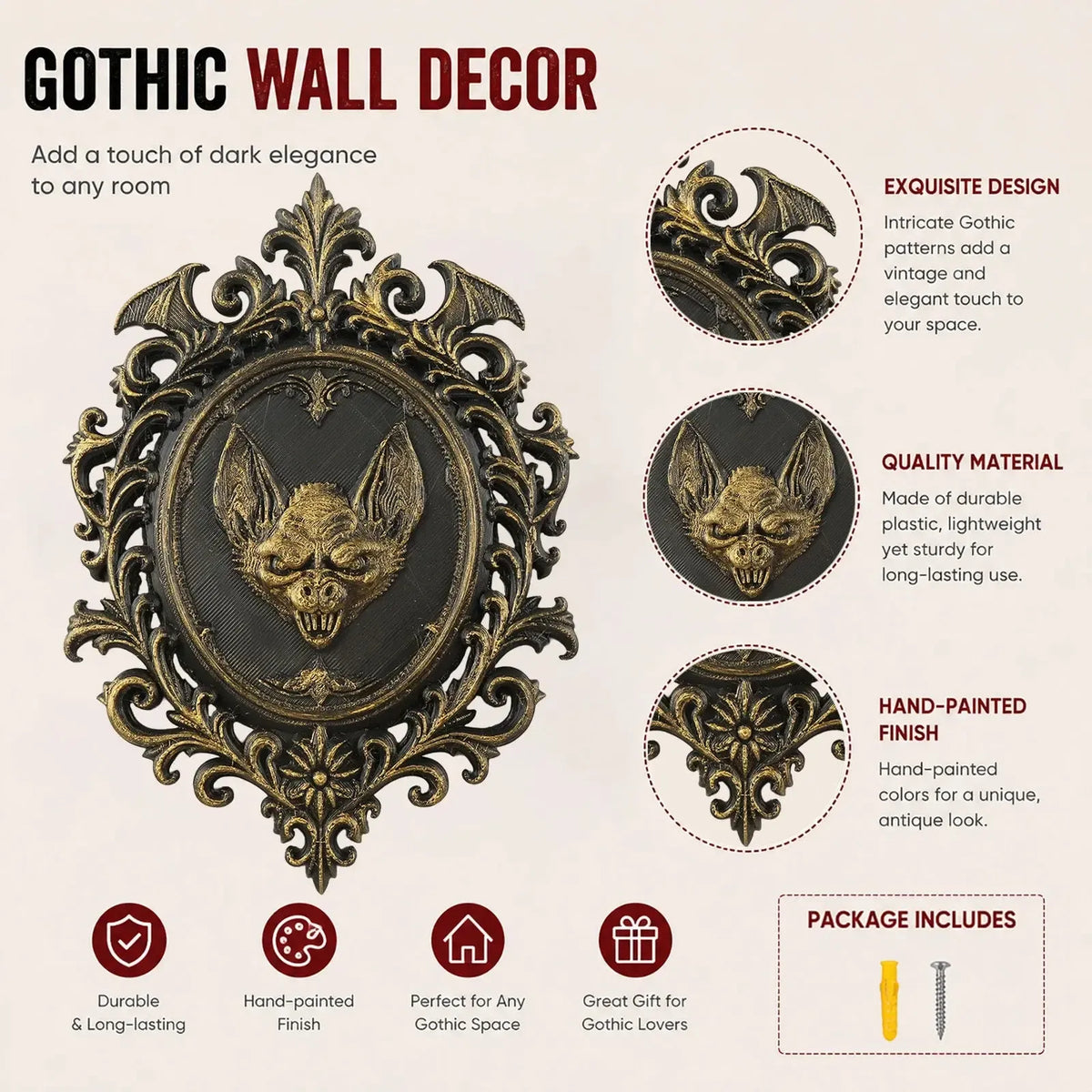 Plaque feature graphic: Gothic Bat Relief Wall Plaque, featuring a central bat relief, an oval medallion and elaborate Victorian scrollwork.