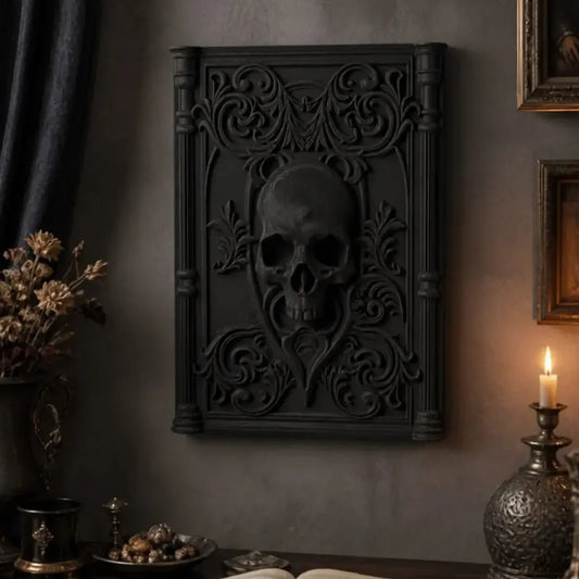 Skull plaque above a candlelit reading desk
