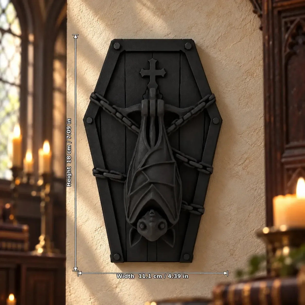 Coffin bat plaque dimension diagram, 18 by 11.1 cm in a gothic room