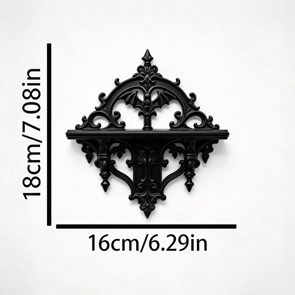 Shelf measurement diagram: Gothic Bat Wall Shelf, featuring pointed Gothic arches, ornamental scrolls and bat-inspired details.