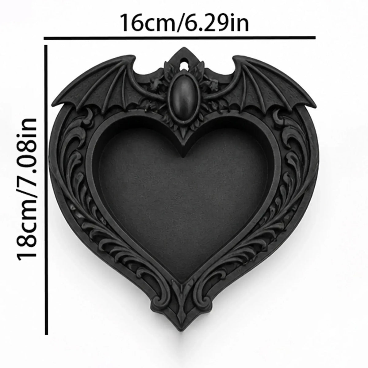 Tray measurement diagram: Gothic Bat Wing Heart Jewelry Tray, featuring a heart-shaped center, outstretched bat wings and ornate raised scrollwork.