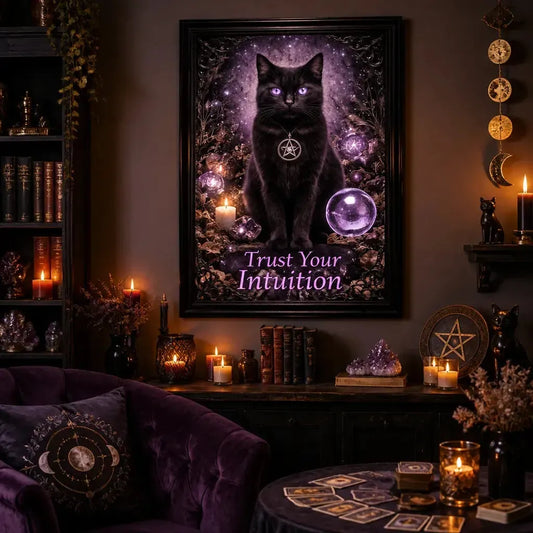 Gothic Black Cat Canvas Wall Art - Black Framed Print for Witch Home & Wicca Altar Decor_mockup_1.webp