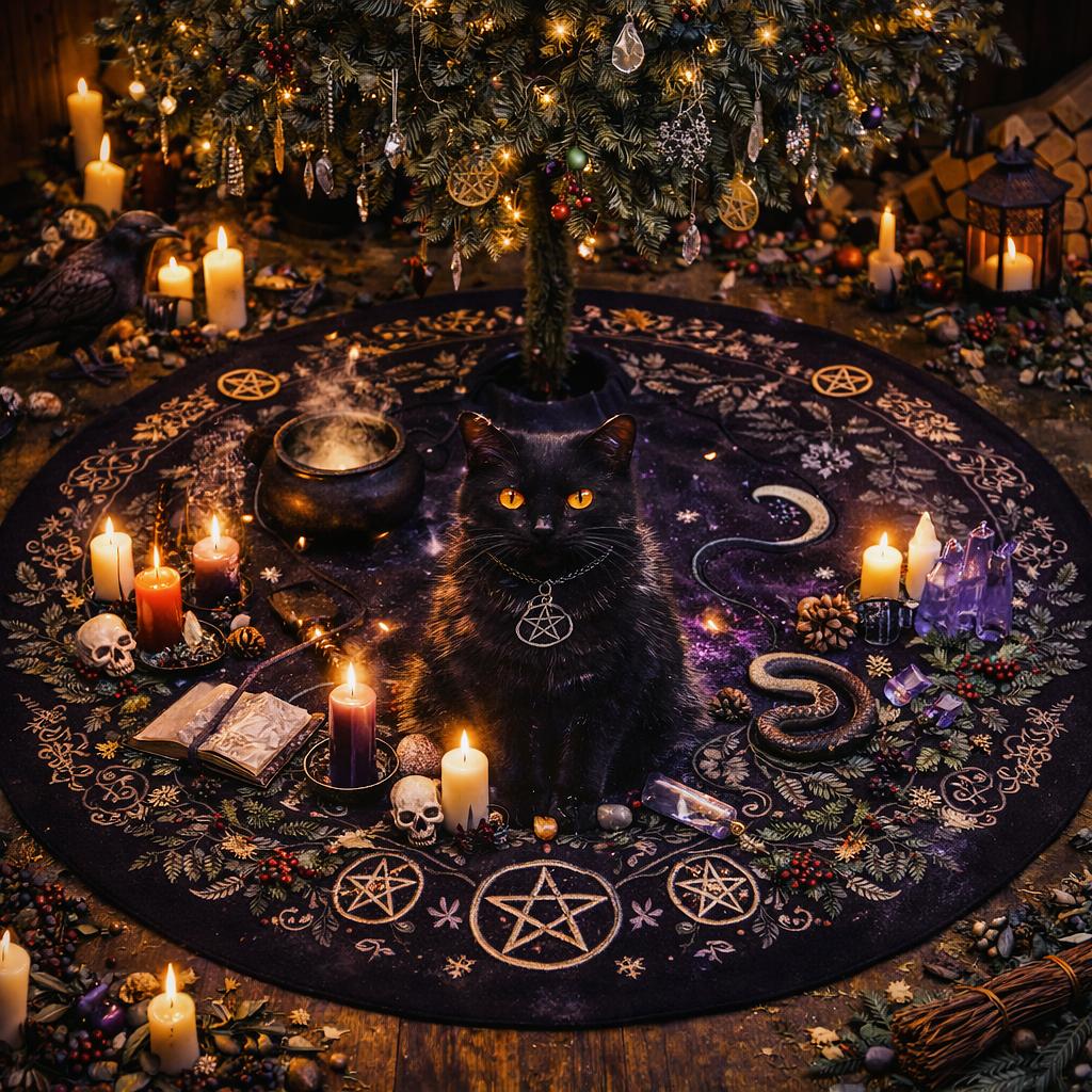 Gothic black velvet tree skirt with a black cat, pentagrams, moon, and Yule decor.