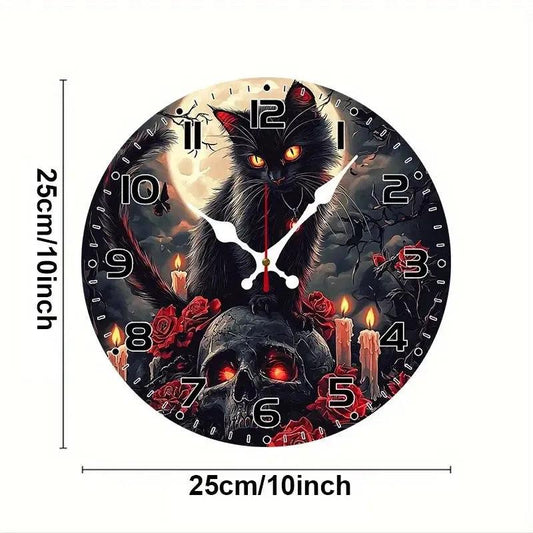 Gothic Black Cat & Skull Wall Clock Halloween Wall Decor-MoonChildWorld