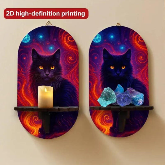 Gothic Black Cat Wall Shelf for Crystals & Candles – Wooden Mystical Floating Shelf Witchy Altar Decor-MoonChildWorld