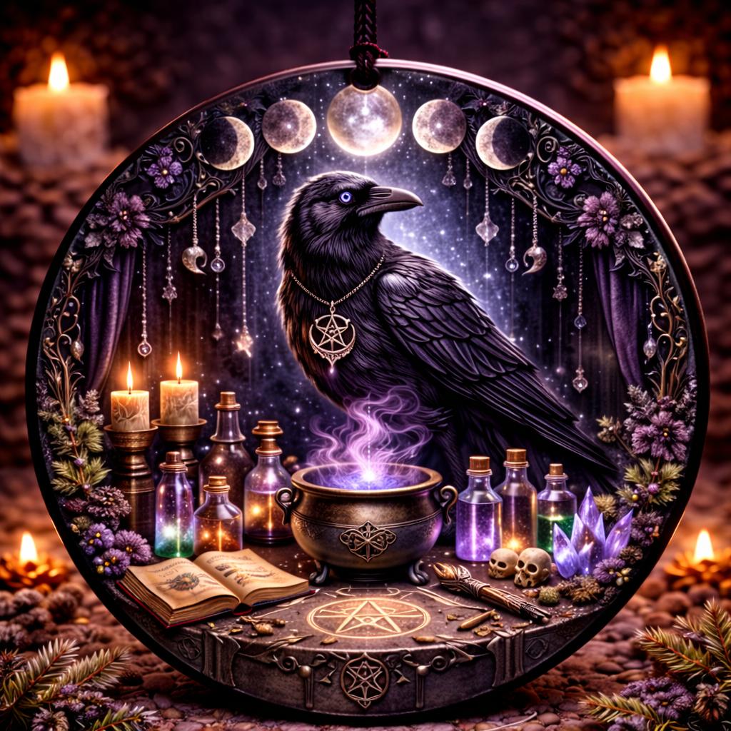 Gothic Black Raven Yule Ceramic Ornament with Moon Phase – Witchy Crow Christmas Ornament-MoonChildWorld