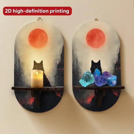 Gothic Black Wolf & Moon Wall Shelf for Crystals & Candles – Wooden Halloween Floating Shelf Witchy Altar Decor-MoonChildWorld