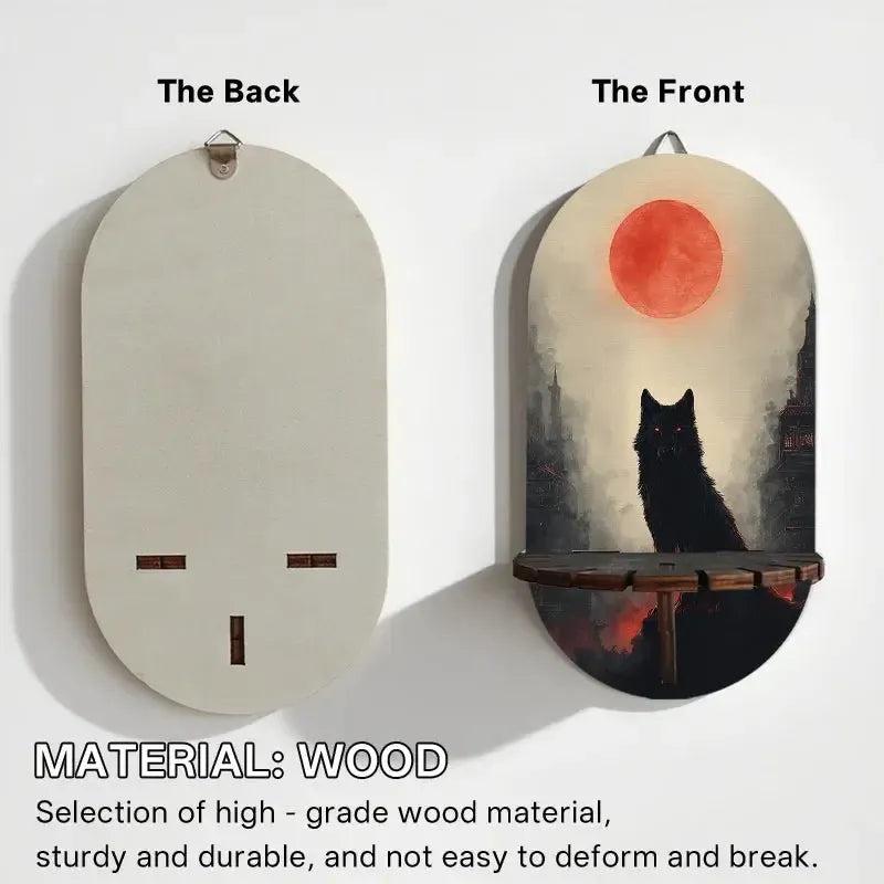 Gothic Black Wolf & Moon Wall Shelf for Crystals & Candles – Wooden Halloween Floating Shelf Witchy Altar Decor-MoonChildWorld