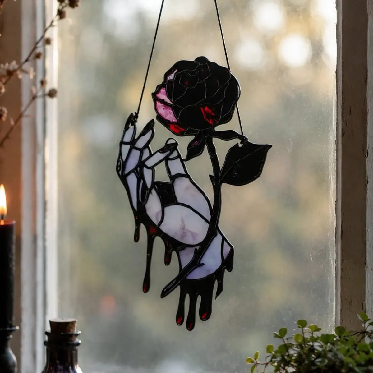 Gothic Bloody Rose Hand Suncatcher, Halloween Window Decor, product view 2 of 5