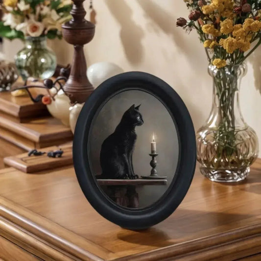 Gothic Candlestick Black Cat Oval Wall Decoration – close-up detail