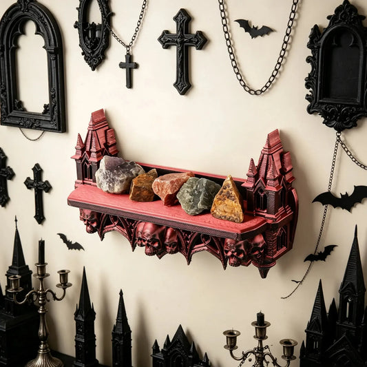 Castle skull wall shelf – carved turret and skull detail close-up