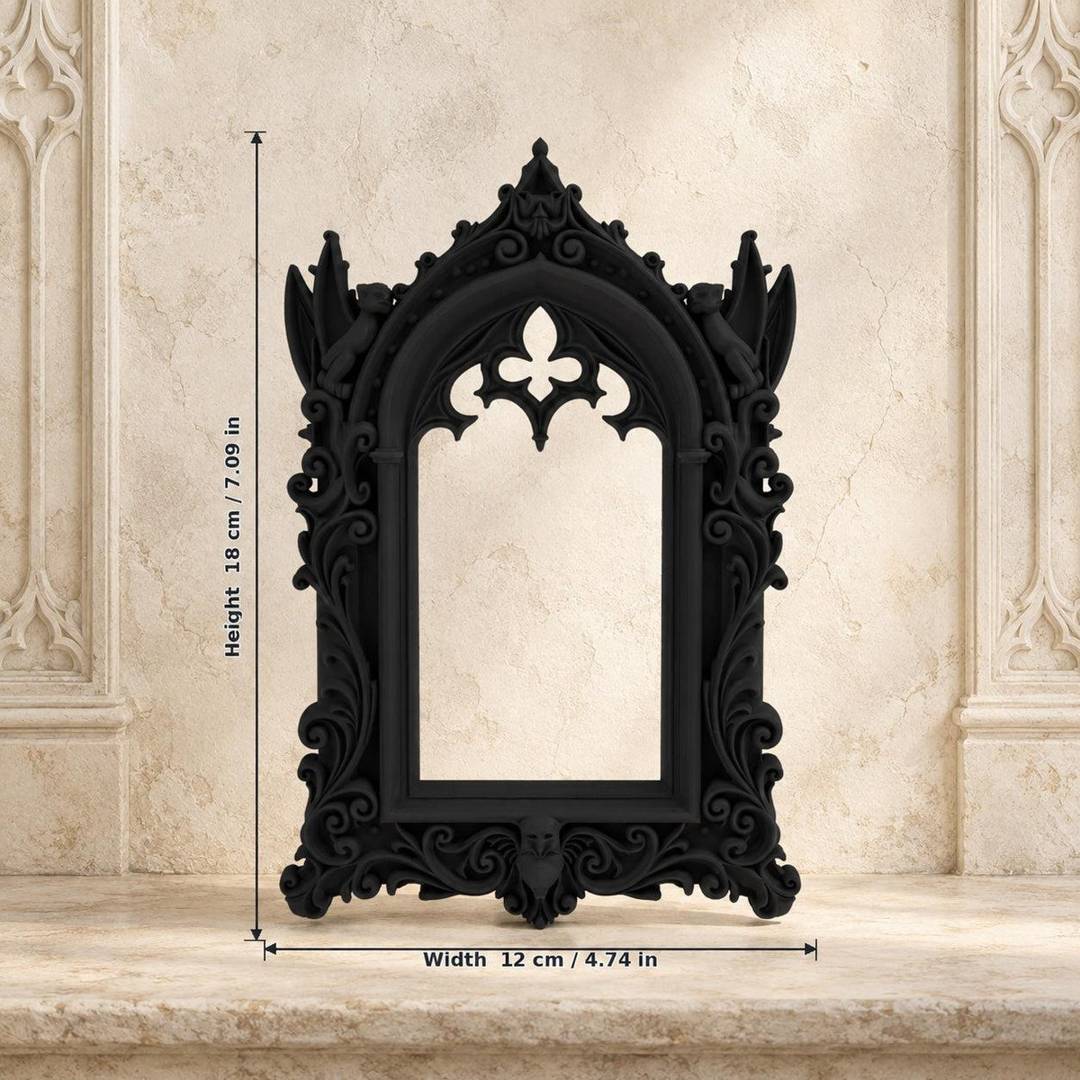 Gothic Cathedral Arch Wall Mirror Ornate Decorative Mirror on a bright vintage gothic wall, size reference.
