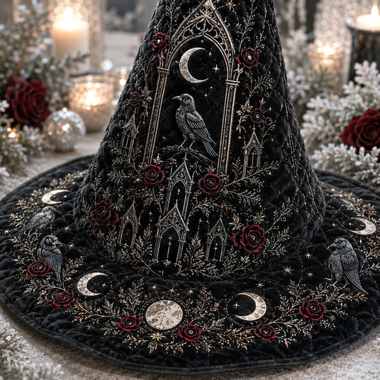 Gothic Chapel Witch Hat – Raven Rose Snow Celestial Brim Hat – styled with candles and crystals