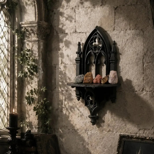 Church arch wall shelf – hollow cathedral window carved detail close-up
