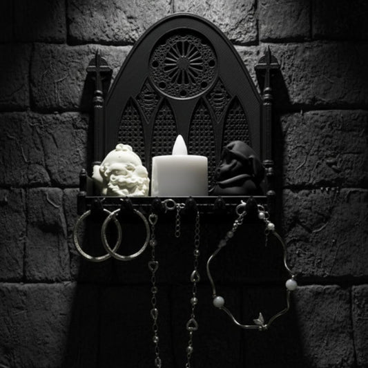 Gothic church triple arch wall shelf – displayed on dark gothic stone wall, Wiccan Pagan altar space staging