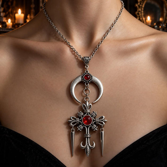 Gothic Crescent Moon Cross Necklace - Rhinestone Pendant Jewelry, dark witchy scene, view 2