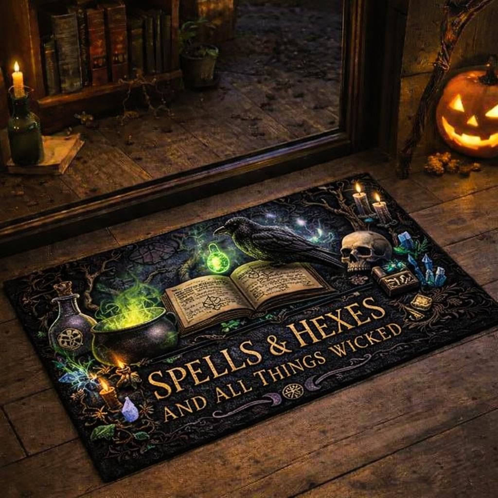 Gothic Crow & Skull Witch Doormat – Halloween Welcome Mat for Dark Aesthetic Decor-MoonChildWorld