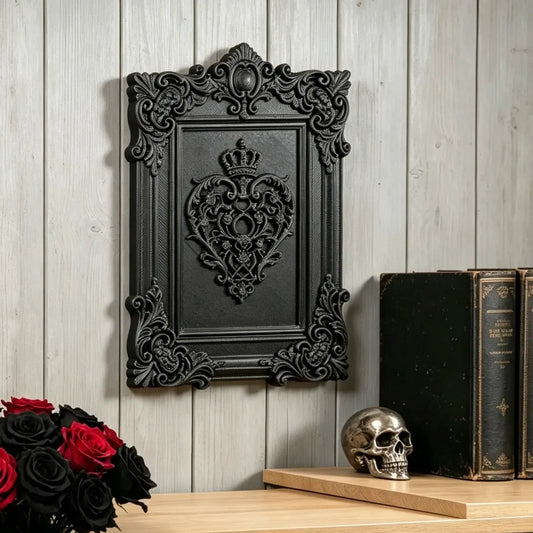 Gothic crown heart decorative wall frame – dark carved matte black relief for witchy gothic home decor