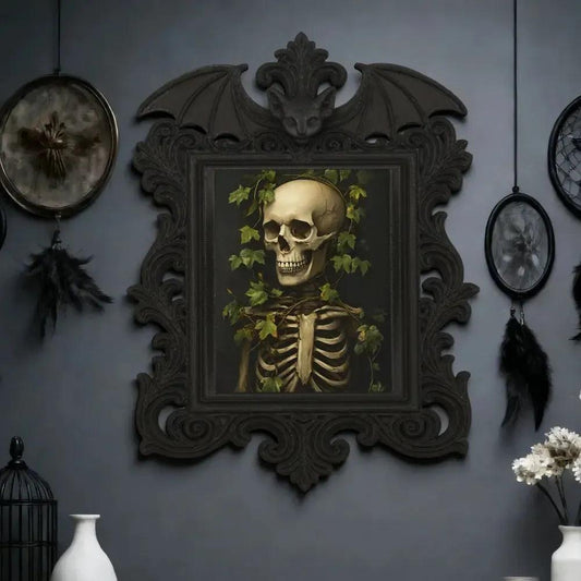 Gothic Dark Style Bat Carved Vine Skull Decorative Photo Frame For Halloween Wall Decor-MoonChildWorld