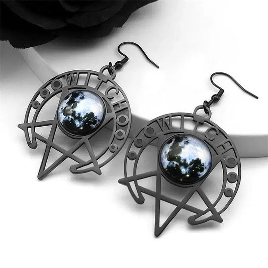 Gothic Earrings Witch Moon Dark Magic Inverted Pentacle Earrings-MoonChildWorld