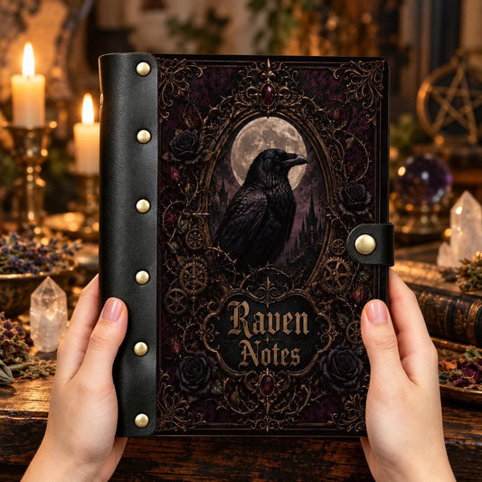Gothic Full Moon Raven Castle Journal - Dark Witch Grimoire — view 2 on a realistic Pagan ritual altar