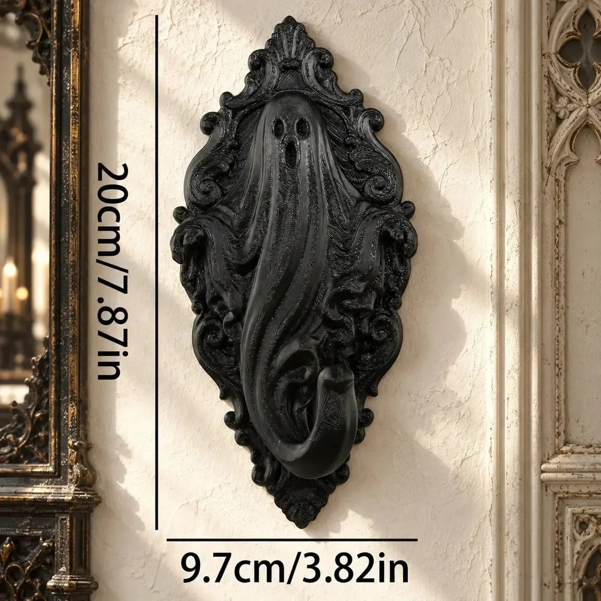 Ghost wall hook dimension diagram, 9.7 cm wide and 20 cm high