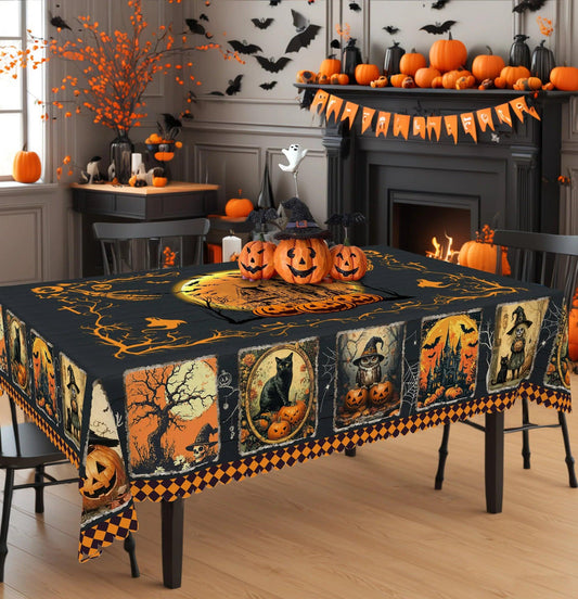 Gothic Halloween Tablecloth - Black Cat Pumpkin Ghost Castle Witchy Tablecloth-MoonChildWorld