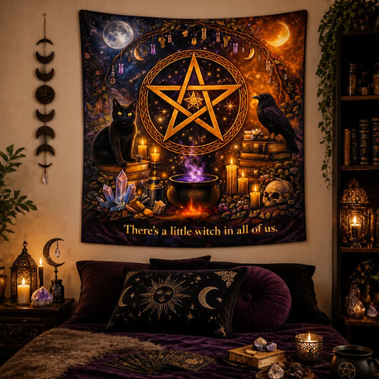 Gothic Halloween Wall Hanging - Witchy Tapestry with Witchcraft Pentacle, Black Cat, Raven & Skulls_mockup_1.webp